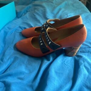 John Fluevog Orange and Blue Heels Classic Design